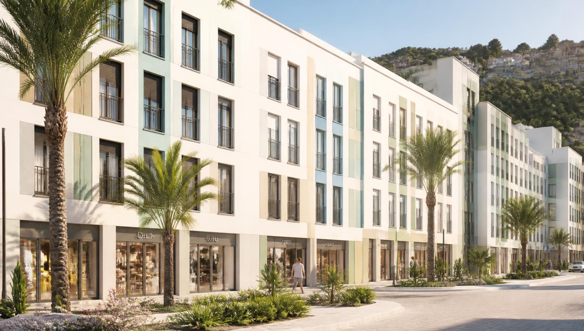 Fachada luminosa del residencial Las Laderas del Pinillo con locales comerciales en planta baja